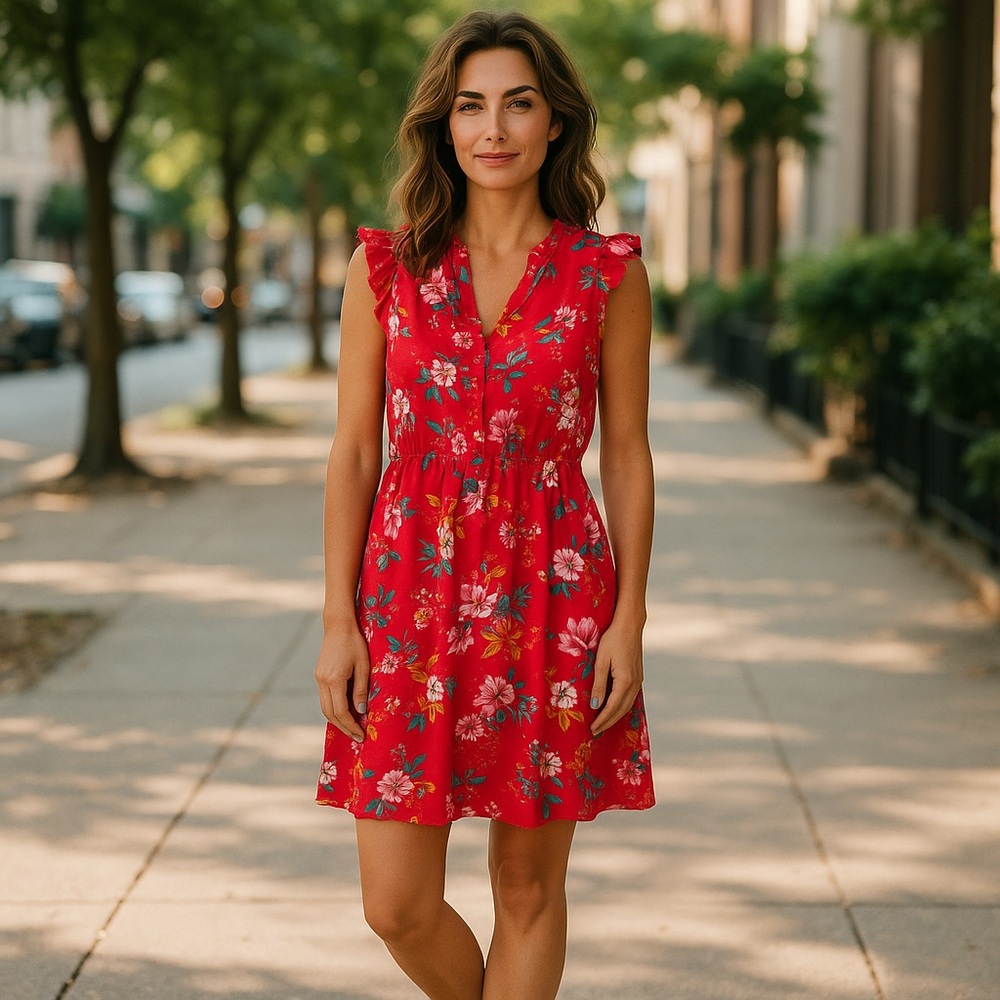 NWT Ann Taylor LOFT Red Floral Sleeveless V-Neckline Smock Dress Size XXS